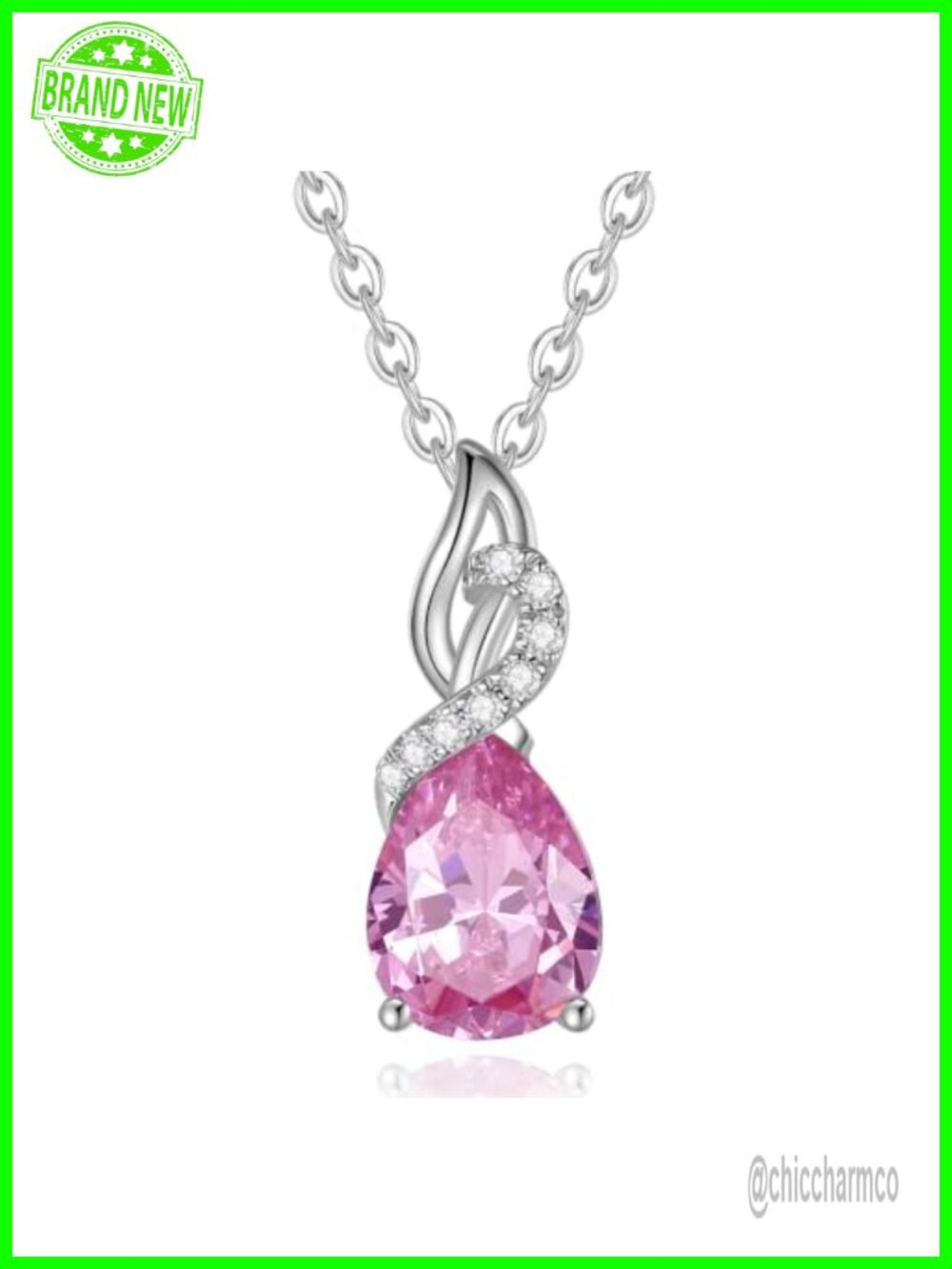14K Solid White Gold Pear Birthstone Diamond Pendant Necklace for Women